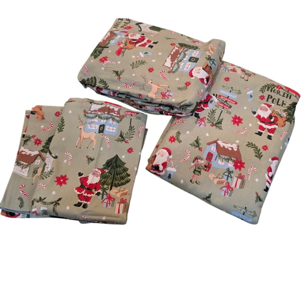 Pottery Barn Kids Queen Organic Candy Cane Village flannel sheet set.